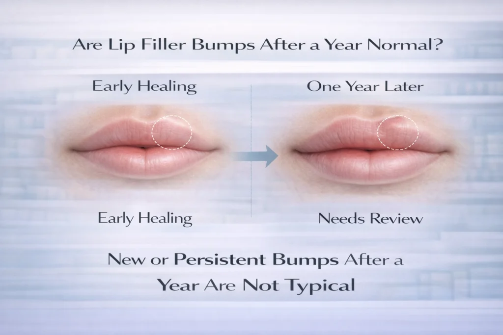 Comparison of early healing lip lump versus firm bump appearing one year later
