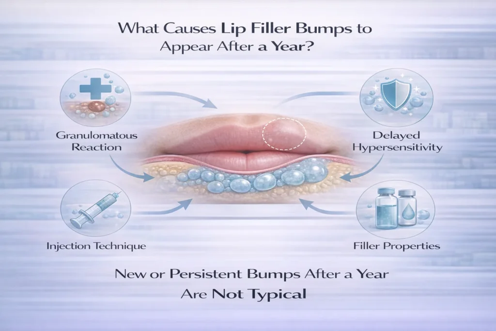 Diagram showing immune reaction, filler properties, and technique causing late lip filler bumps