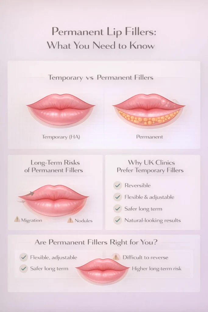 Permanent vs temporary lip fillers infographic showing risks, benefits and decision guidance