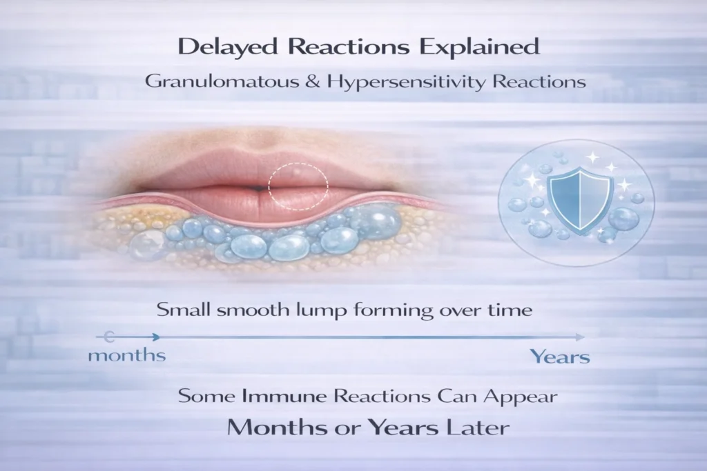Illustration showing delayed immune-related lip filler lump developing over months or years