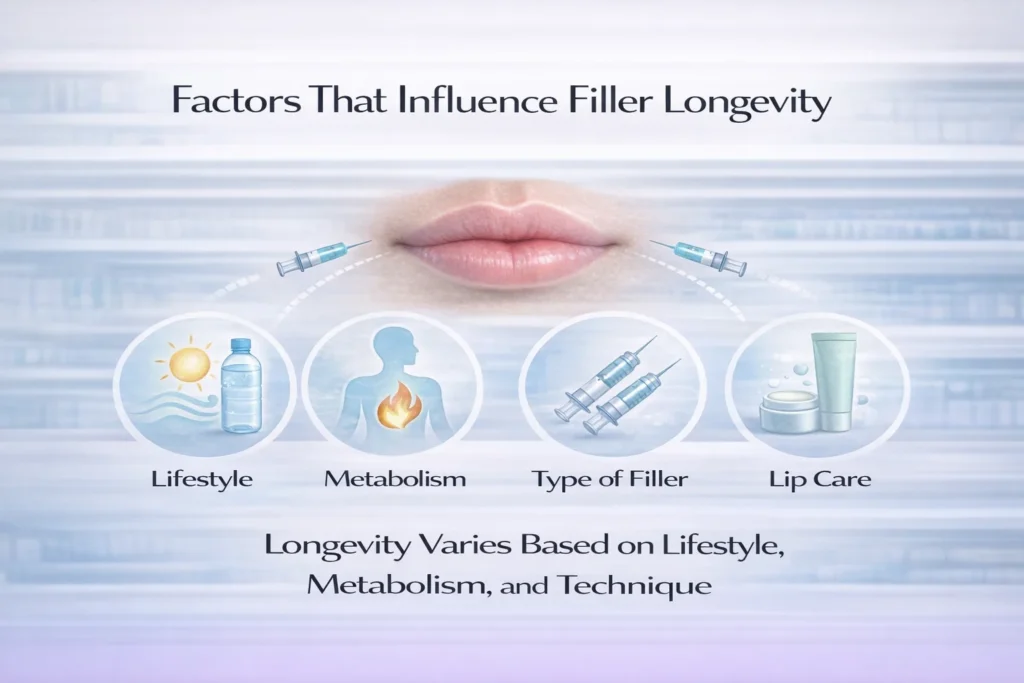 Icons showing lifestyle, metabolism, and filler type affecting lip filler longevity
