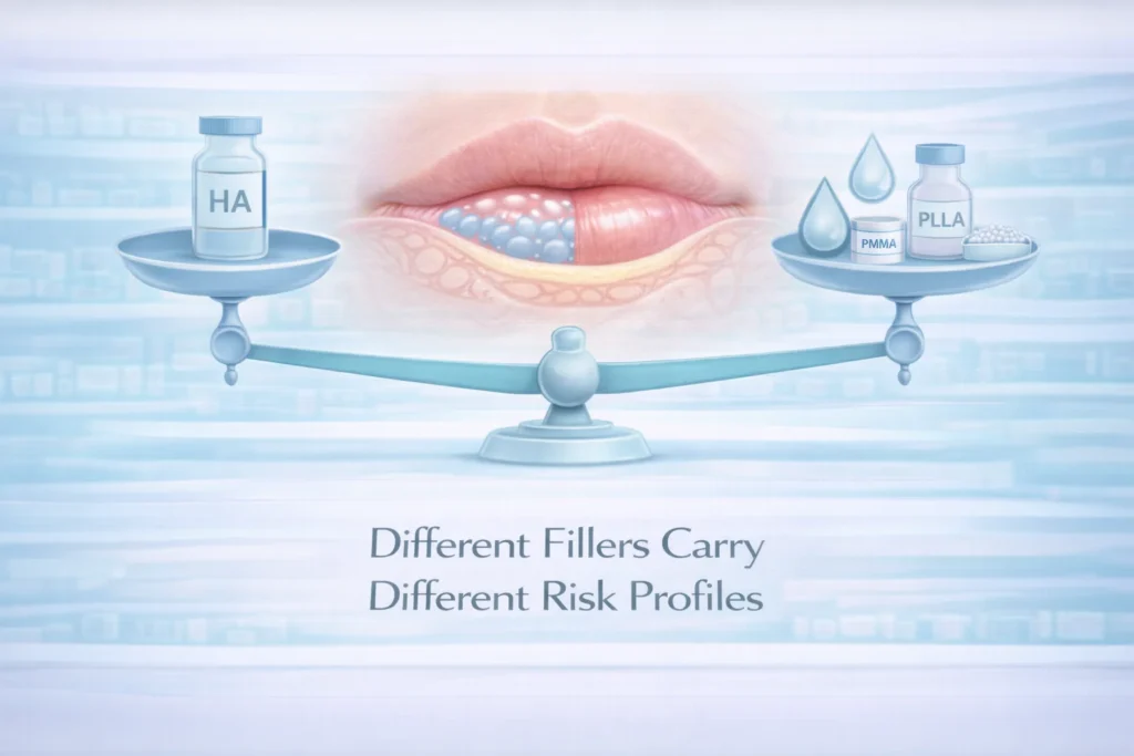 Illustration comparing lip filler materials and their delayed reaction risk profiles