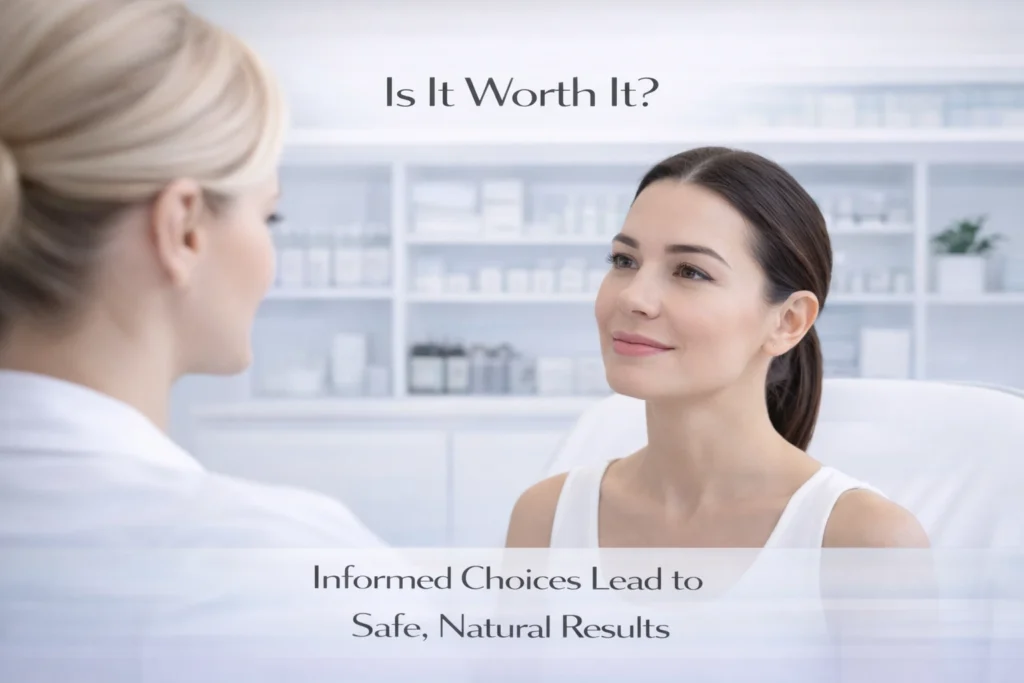 Calm practitioner and patient discussion about safe and natural lip filler results