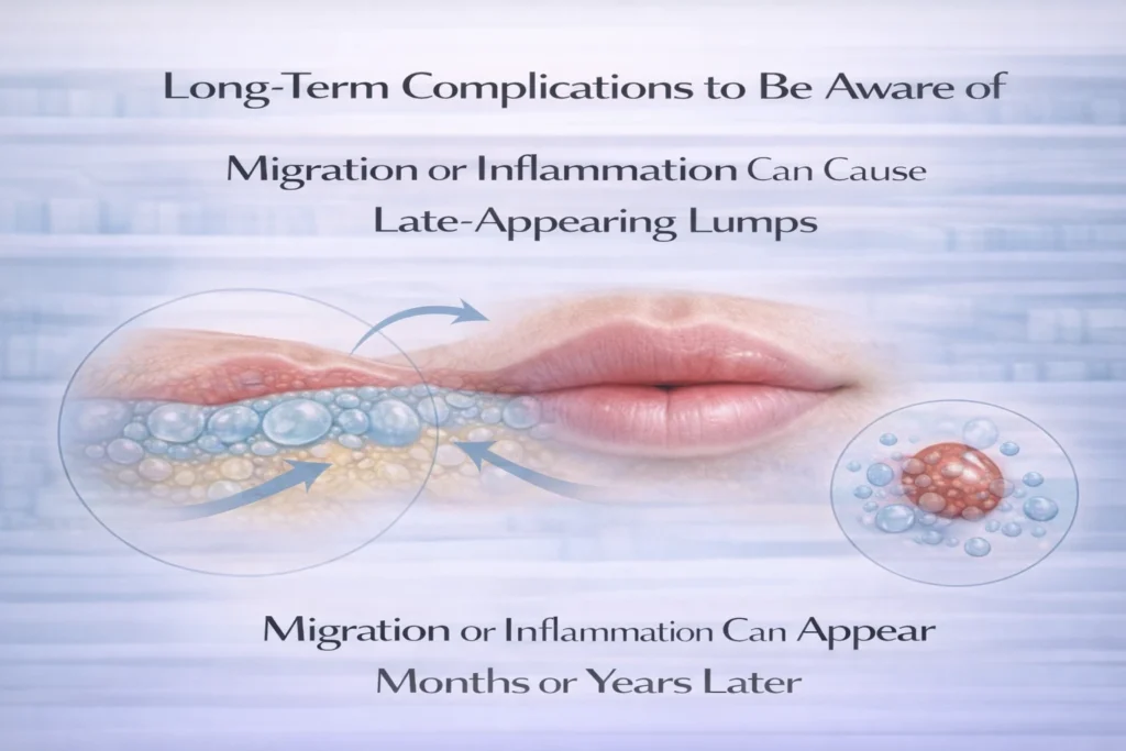 Educational graphic showing filler migration and inflammation causing late lip lumps
