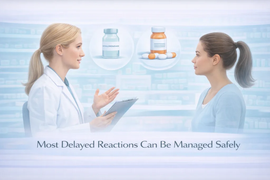 Clinical illustration showing treatment options for delayed lip filler reactions