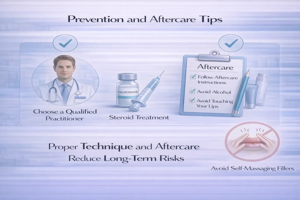 Checklist illustration highlighting proper technique and aftercare after lip fillers