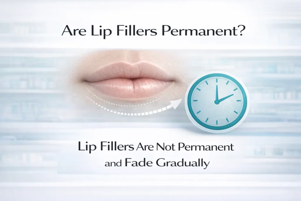 Natural lips showing subtle volume with a gradual fade over time in a calm clinical setting