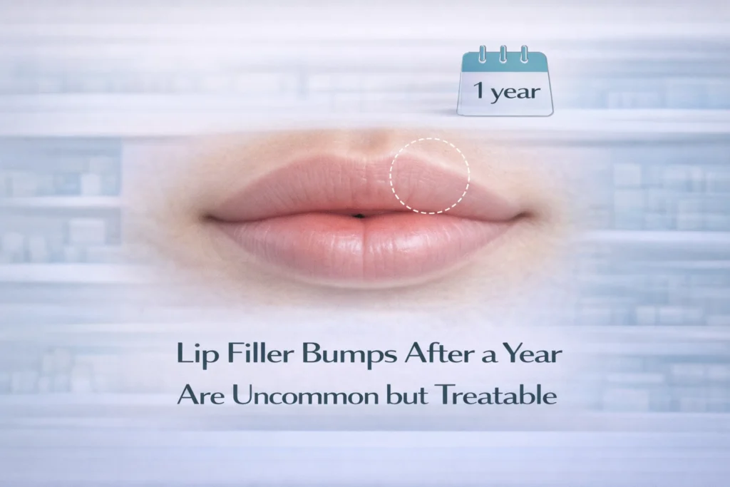 Subtle raised area on lips one year after filler in a calm clinical setting