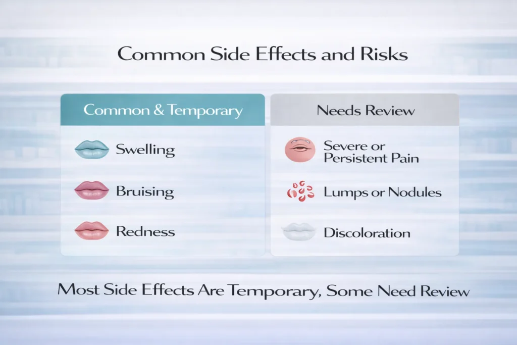 Diagram comparing temporary lip filler side effects with signs needing review