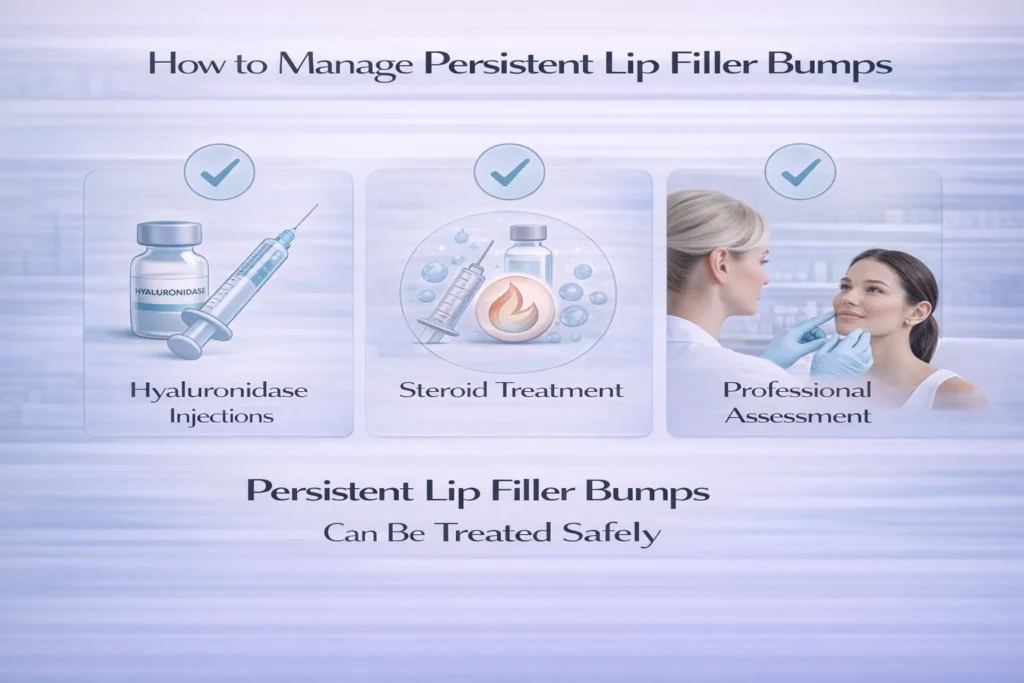 Clinical illustration of professional assessment and treatment for persistent lip filler bumps