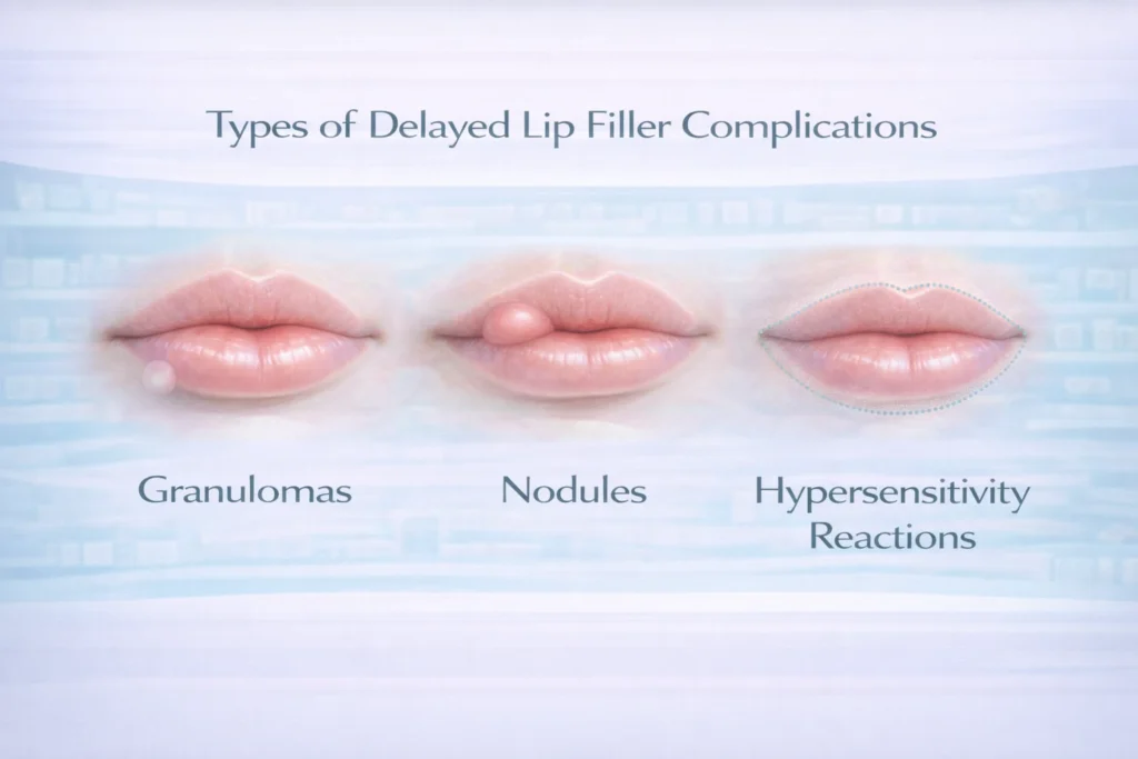 Medical diagram showing granulomas, nodules, and hypersensitivity after lip fillers