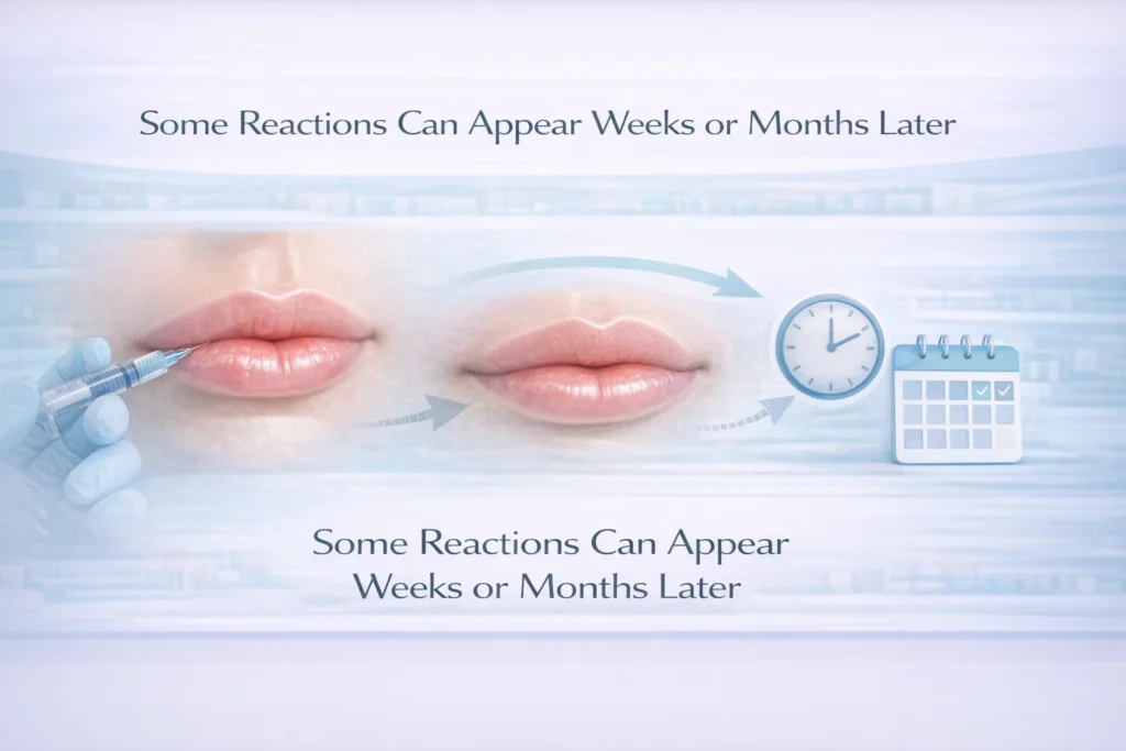 Illustration showing delayed lip filler reactions appearing weeks or months after injection