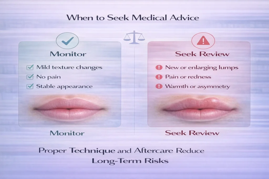 Medical comparison chart showing when to monitor lip filler bumps versus seek review