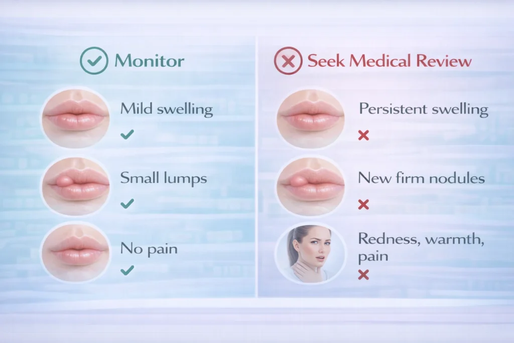 Guide showing when to monitor symptoms or seek medical review after lip fillers