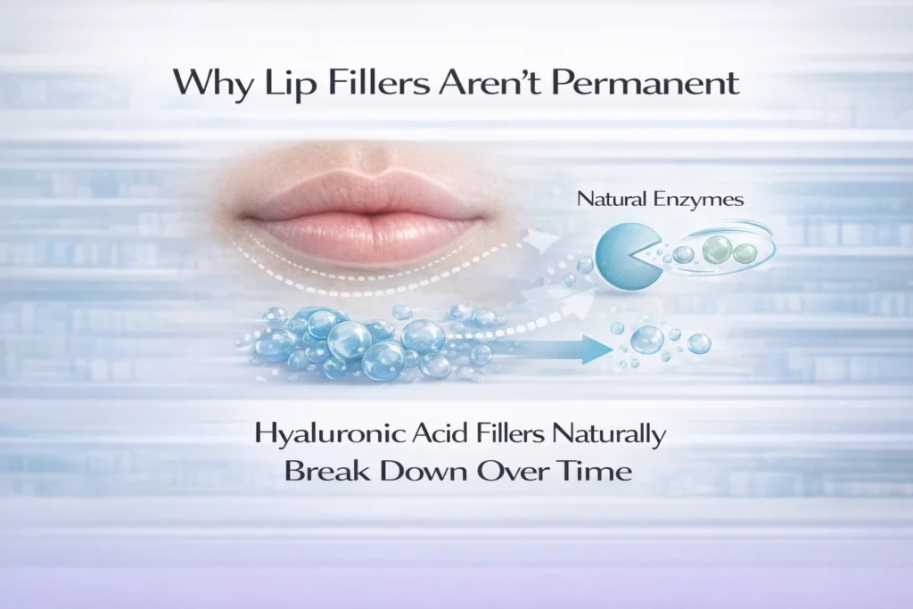 Hyaluronic acid filler gently breaking down over time in natural lips