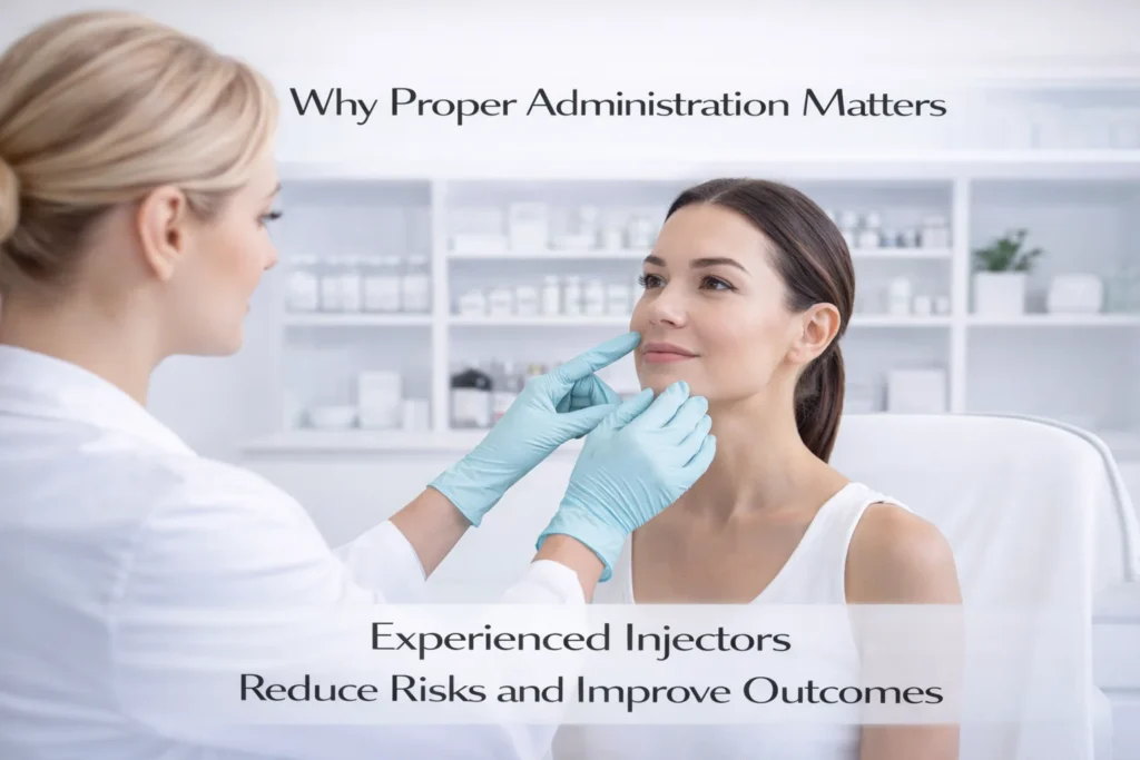 Experienced practitioner assessing lips during a professional clinic consultation