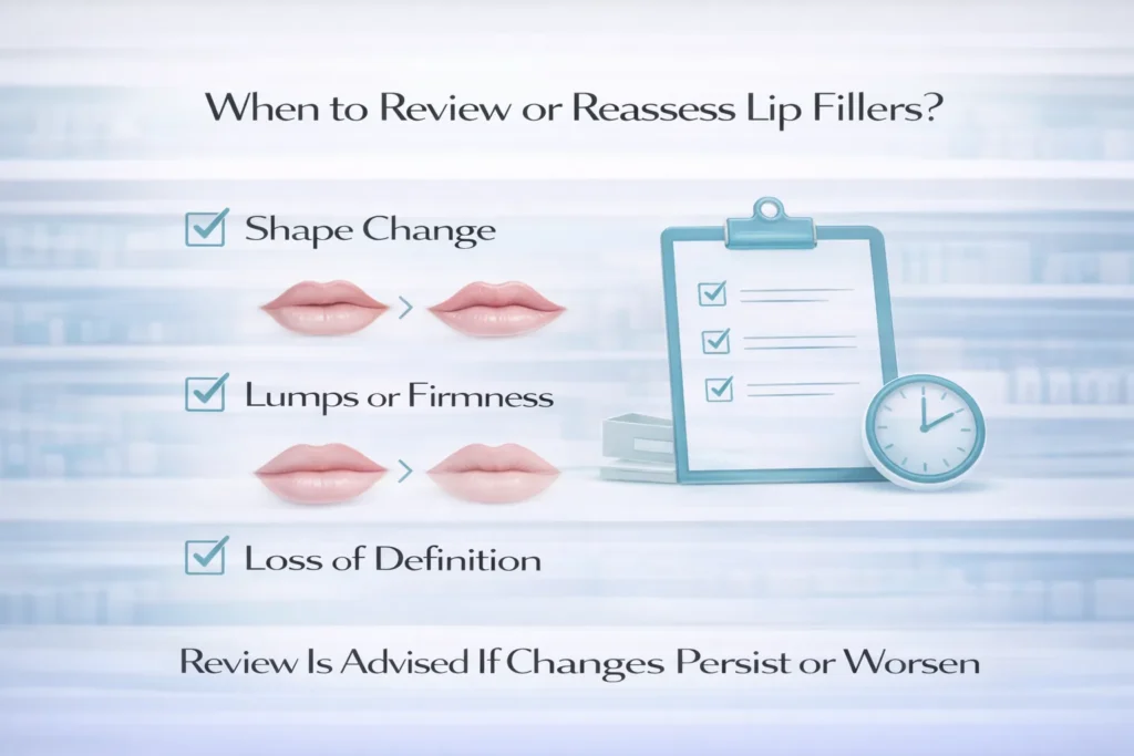 Checklist showing signs such as lumps or shape changes after lip fillers