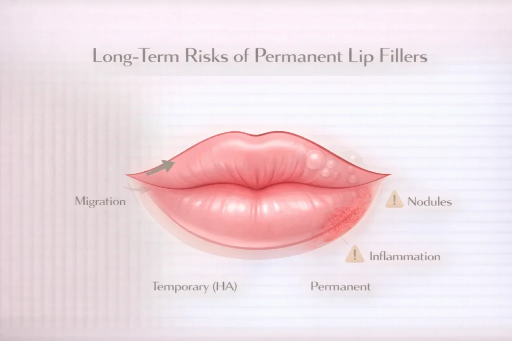 Long term risks of permanent lip fillers infographic showing migration, nodules and inflammation