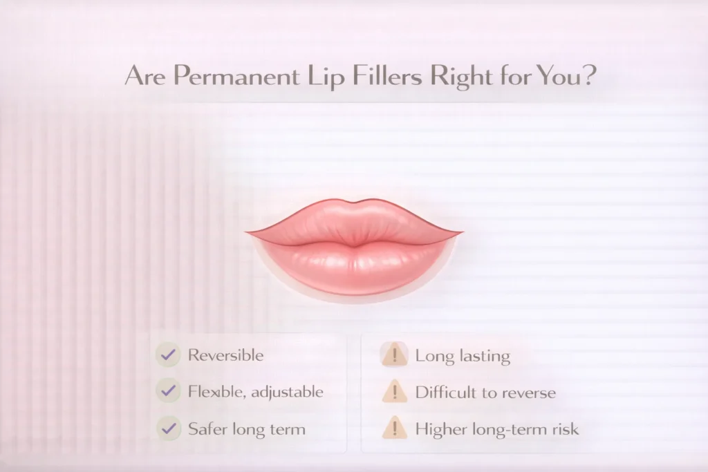Are permanent lip fillers right for you infographic showing temporary benefits and long term risks comparison