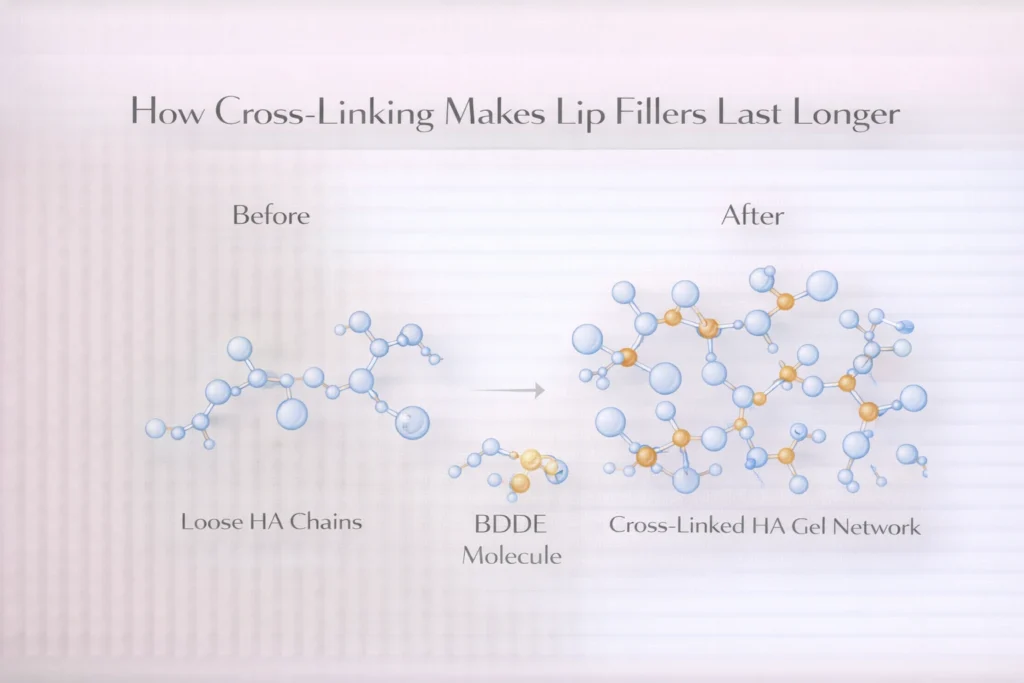 Hyaluronic acid cross-linking diagram showing BDDE connecting HA chains to form stable filler gel