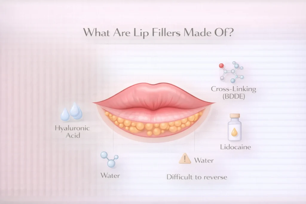 Lip filler ingredients infographic showing hyaluronic acid, BDDE cross-linking agent, lidocaine and water inside lip tissue