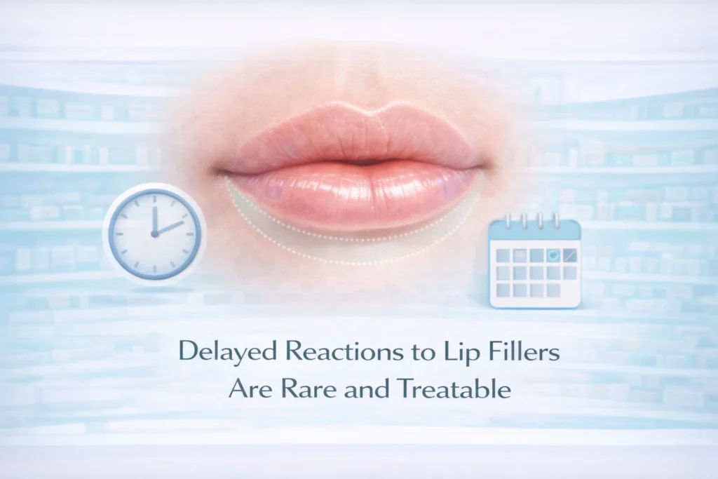 Subtle lip swelling with delayed filler reaction timeline in a calm clinic setting