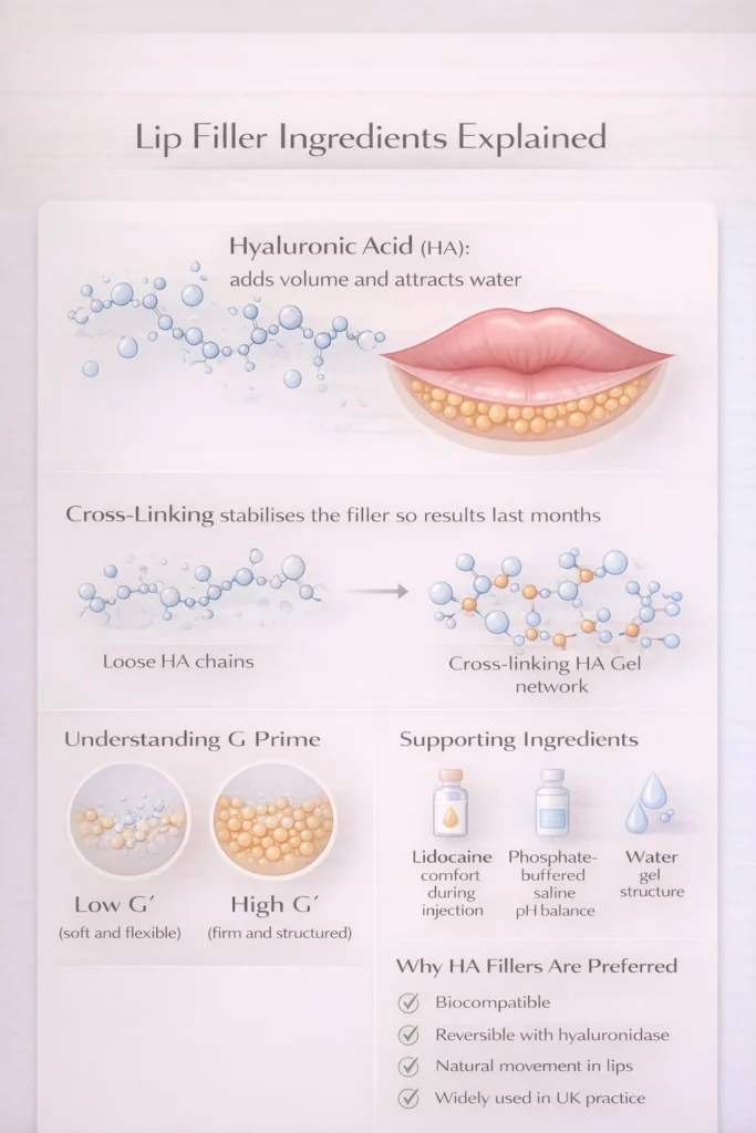 Lip filler ingredients explained infographic showing hyaluronic acid, cross-linking, G prime and supporting ingredients