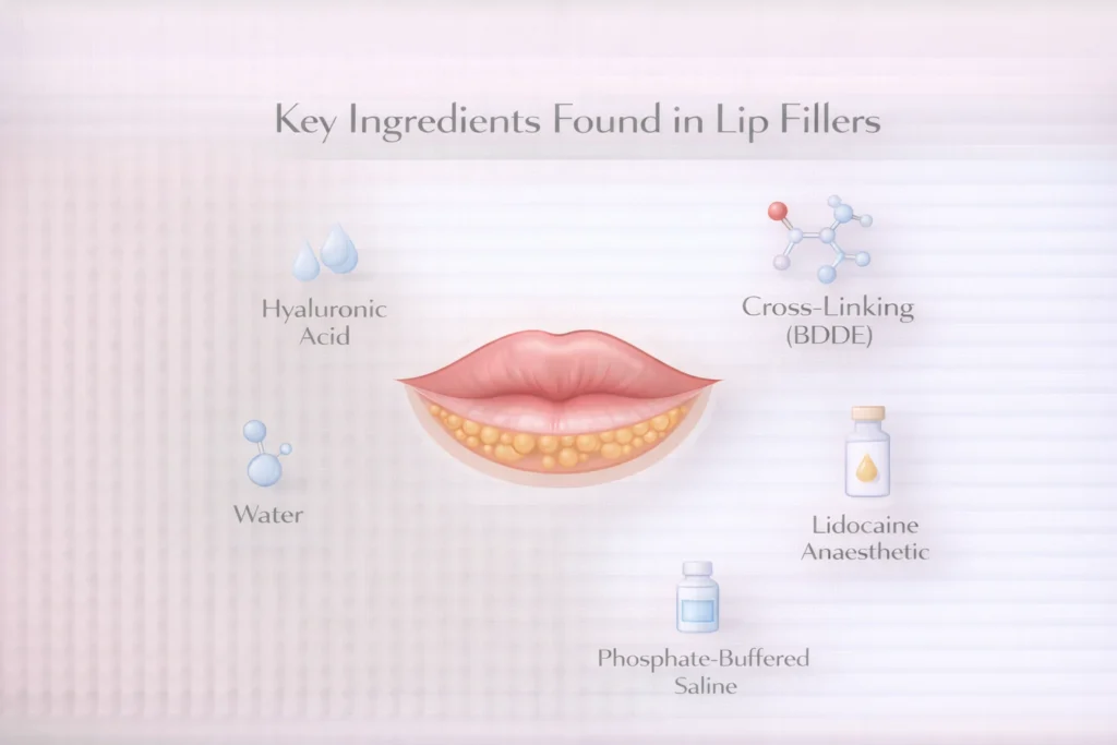 Key ingredients in lip fillers infographic showing hyaluronic acid, BDDE, lidocaine, saline and water