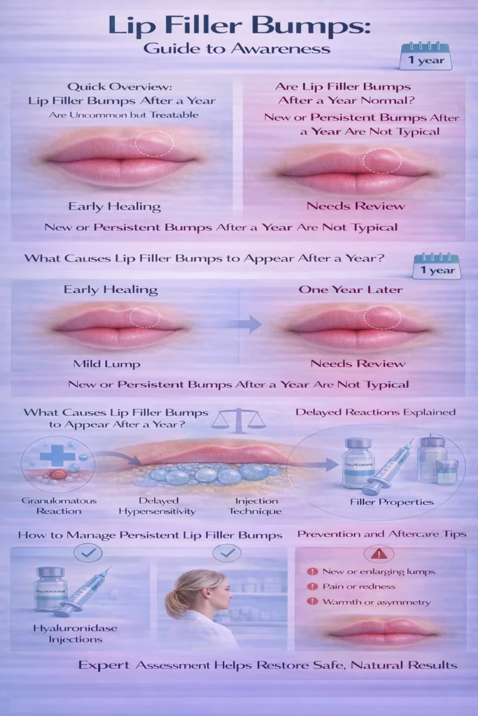 Infographic explaining causes, risks, and treatment options for lip filler bumps appearing a year after treatment.