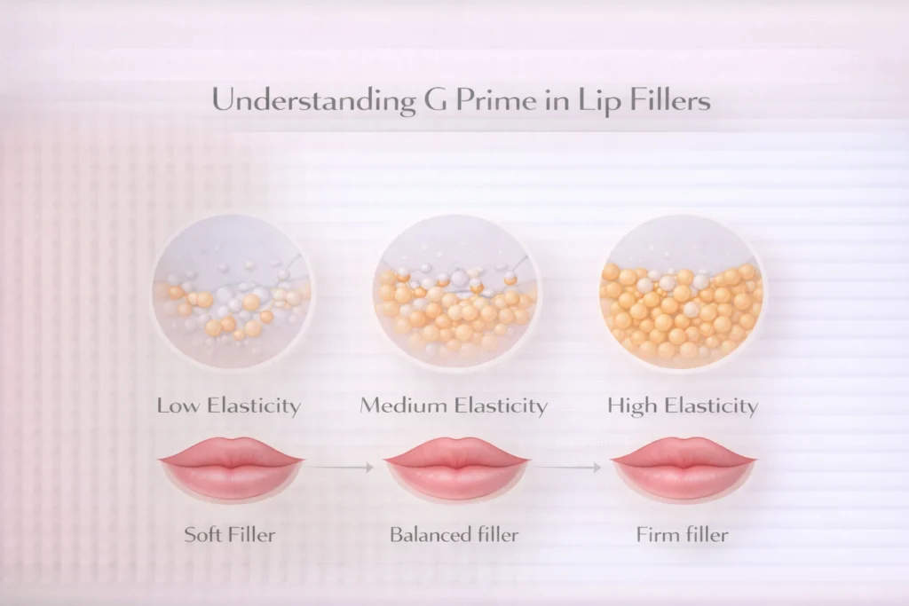 G prime in lip fillers infographic showing low, medium and high elasticity filler firmness