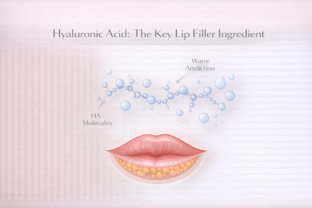 Hyaluronic acid molecules attracting water to hydrate and plump lips infographic