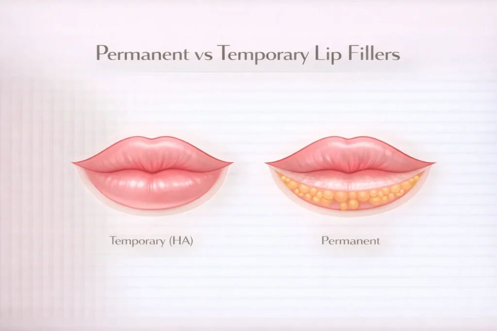 Permanent vs temporary lip fillers comparison showing dissolvable hyaluronic acid vs long-lasting filler structure