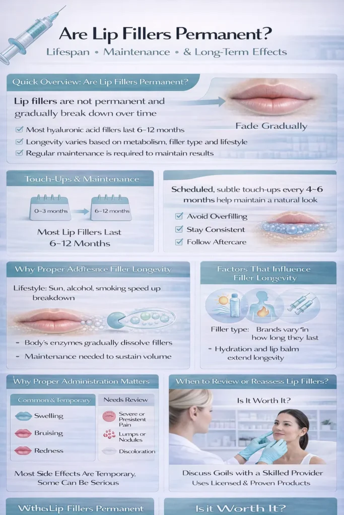 Detailed infographic explaining whether lip fillers are permanent, including lifespan, maintenance, and long-term effects.