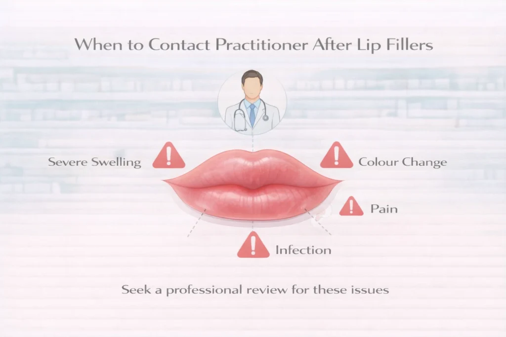 When to contact practitioner after lip fillers warning signs infographic