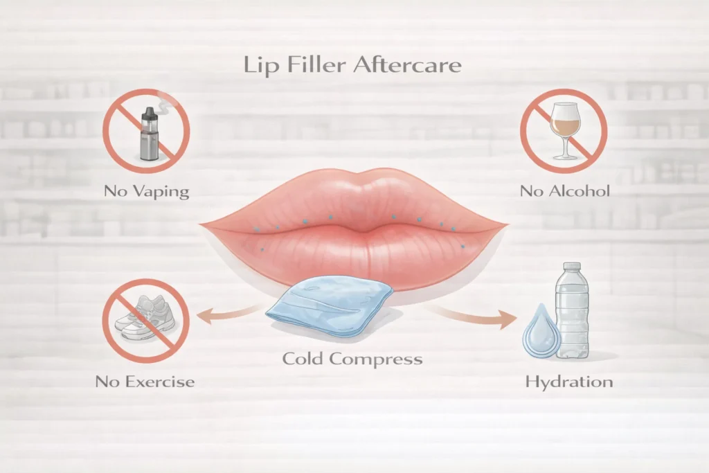 Lip filler aftercare infographic with recovery tips and restrictions