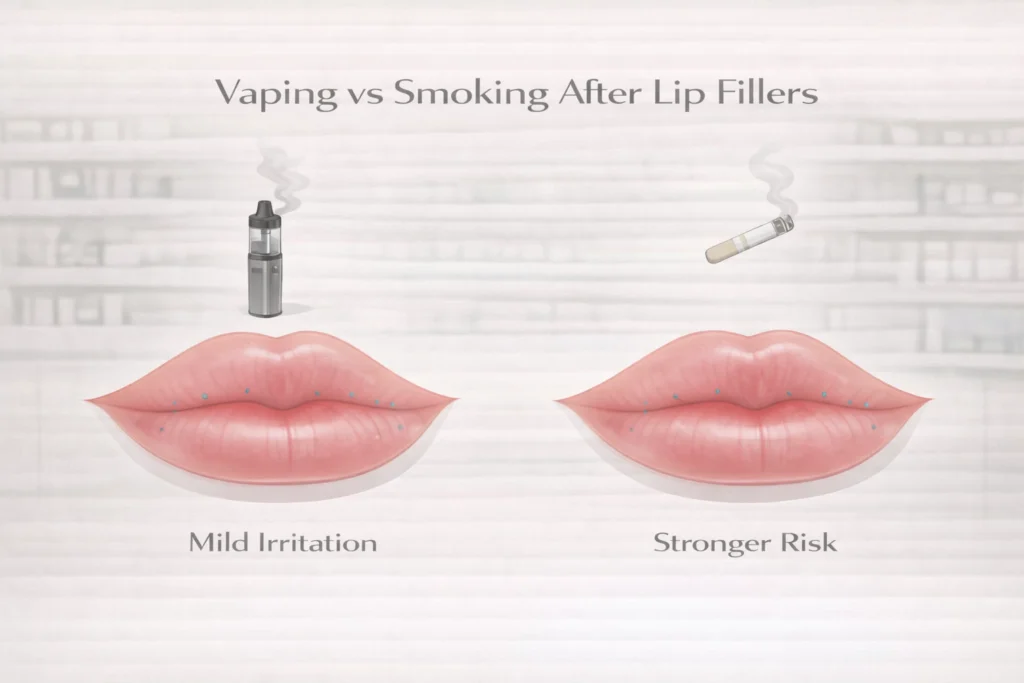 Vaping vs smoking after lip fillers risk comparison infographic