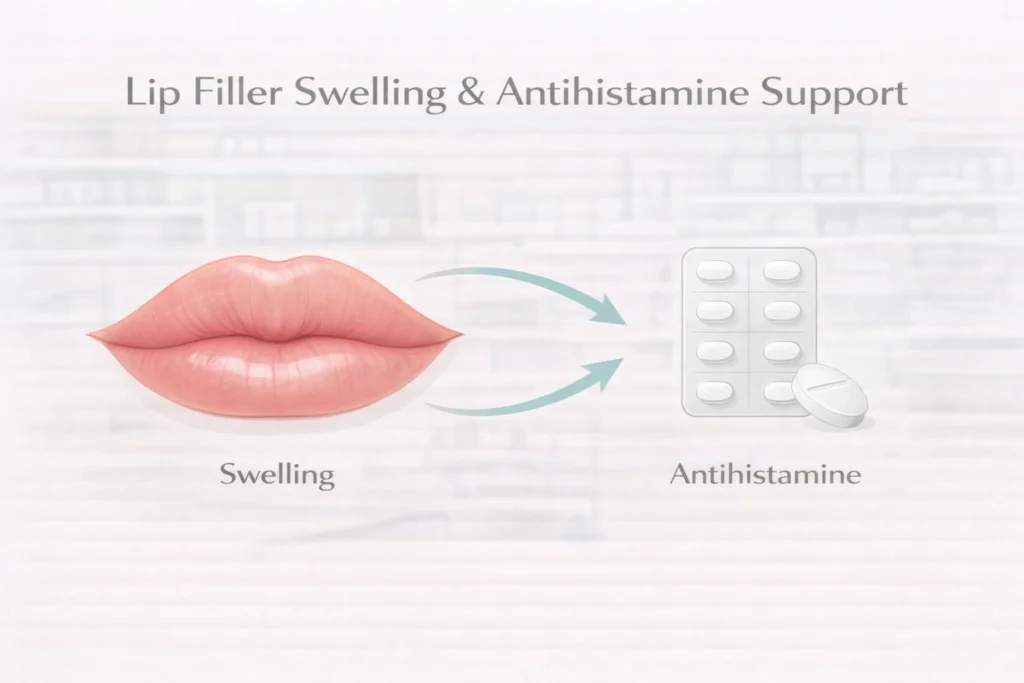 Lip filler swelling and antihistamine support medical infographic