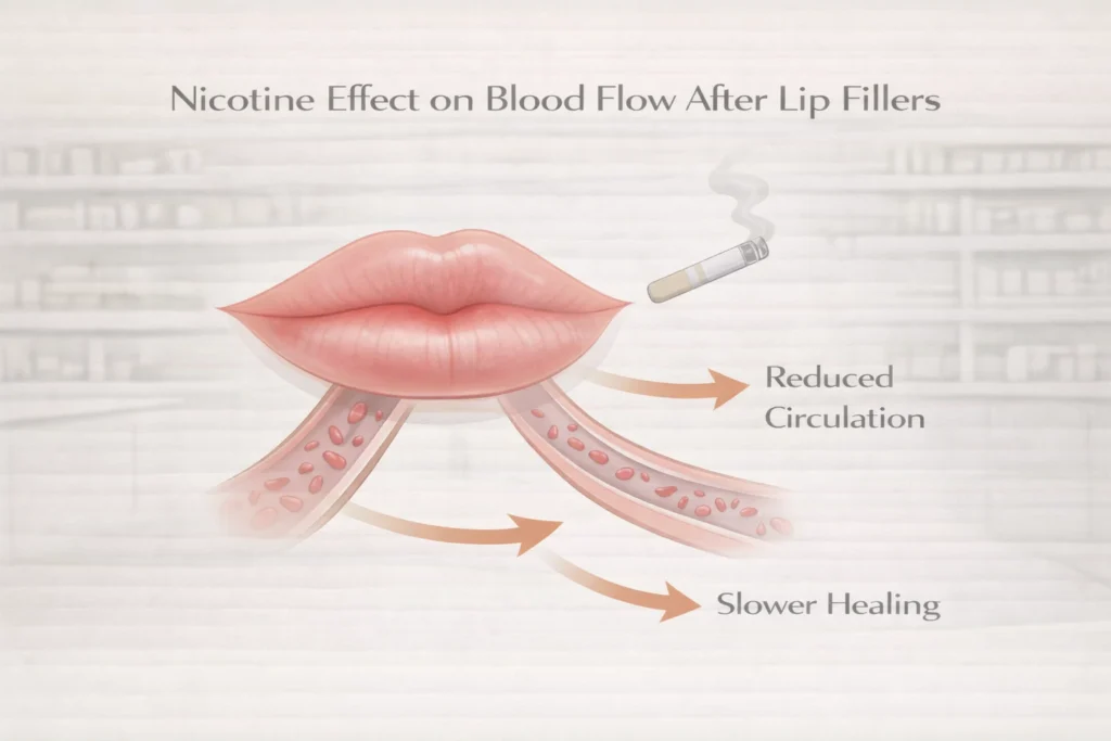 Nicotine effect on blood flow and lip filler healing medical diagram