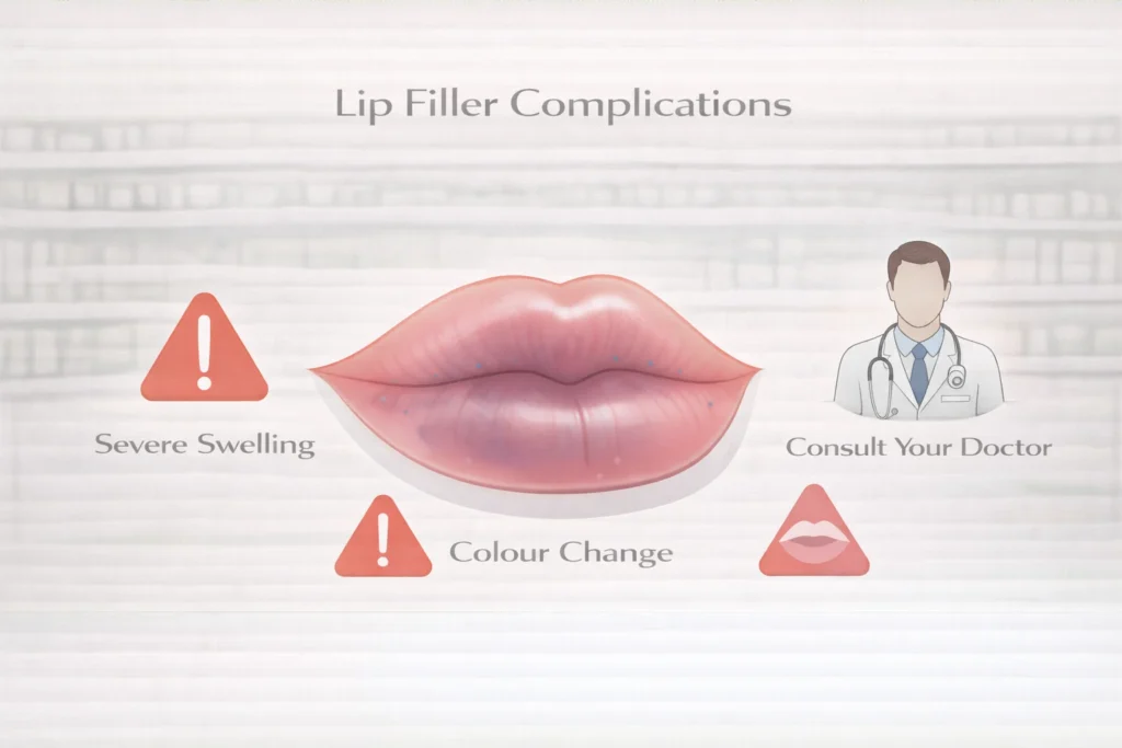 Lip filler complications warning infographic showing swelling and colour change signs