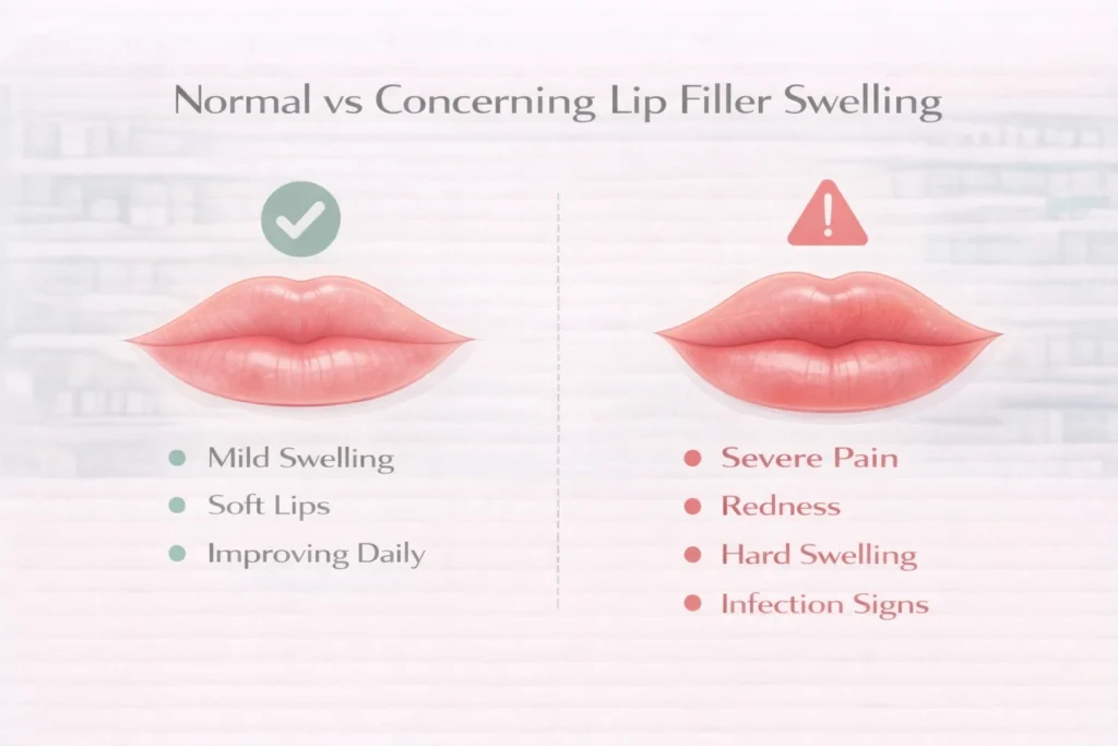 Normal vs concerning lip filler swelling comparison infographic