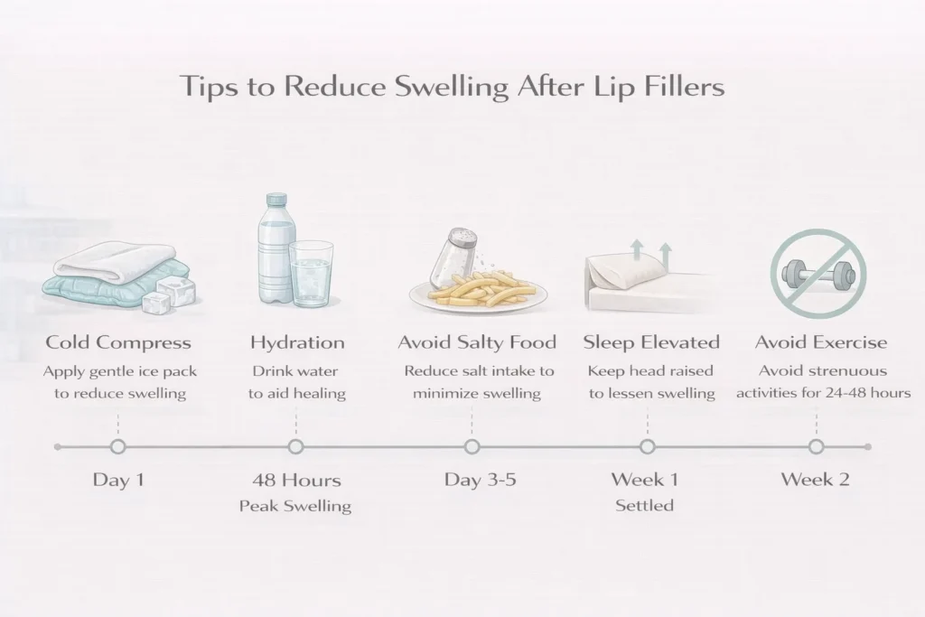 Lip filler swelling recovery tips including cold compress, hydration and rest