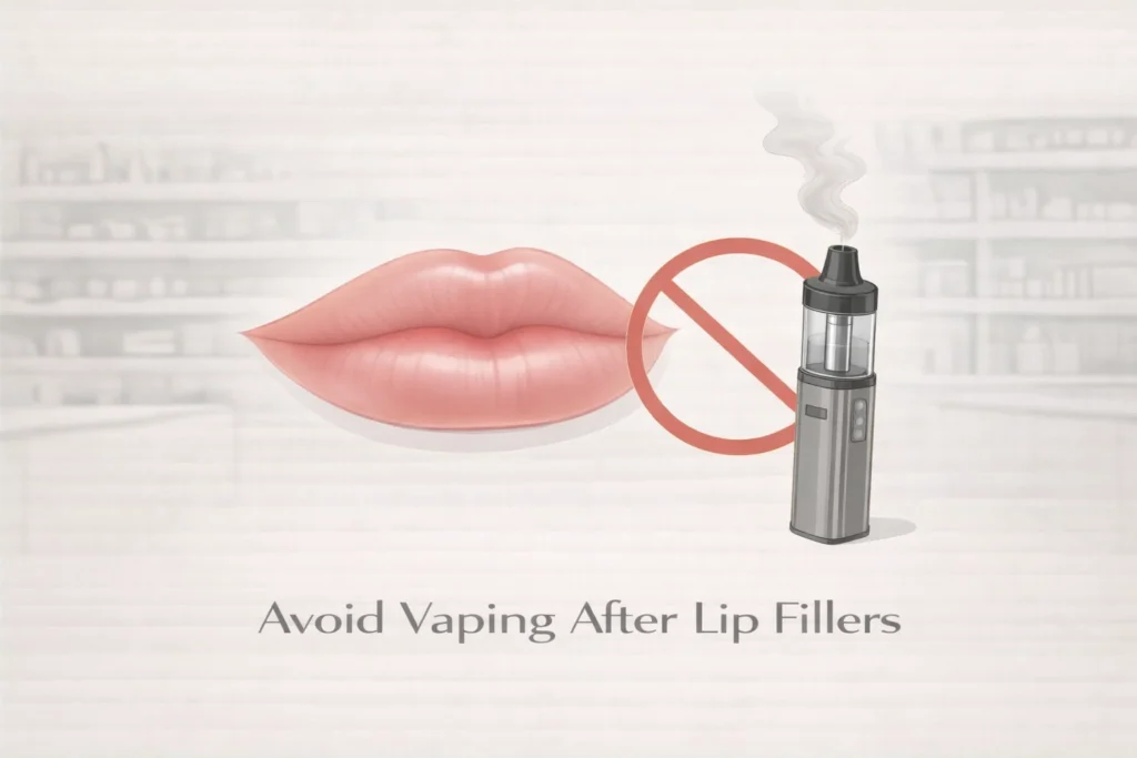 Avoid vaping after lip fillers medical infographic with lips and vape device
