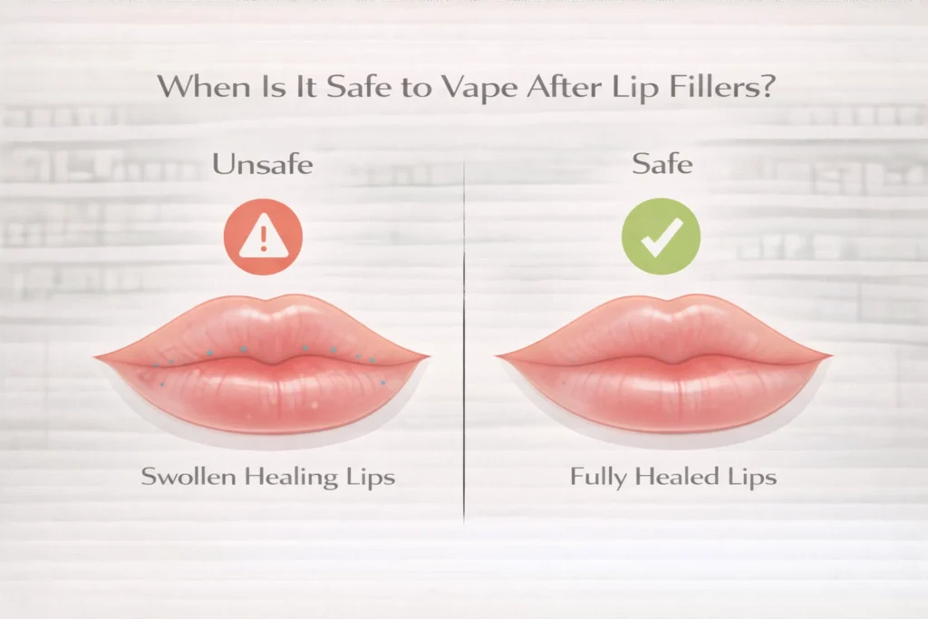 Safe vs unsafe vaping after lip fillers healing comparison infographic