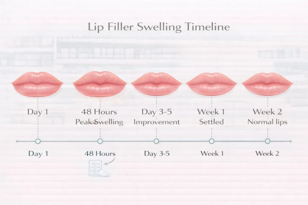 Lip filler swelling timeline showing recovery from day 1 to week 2