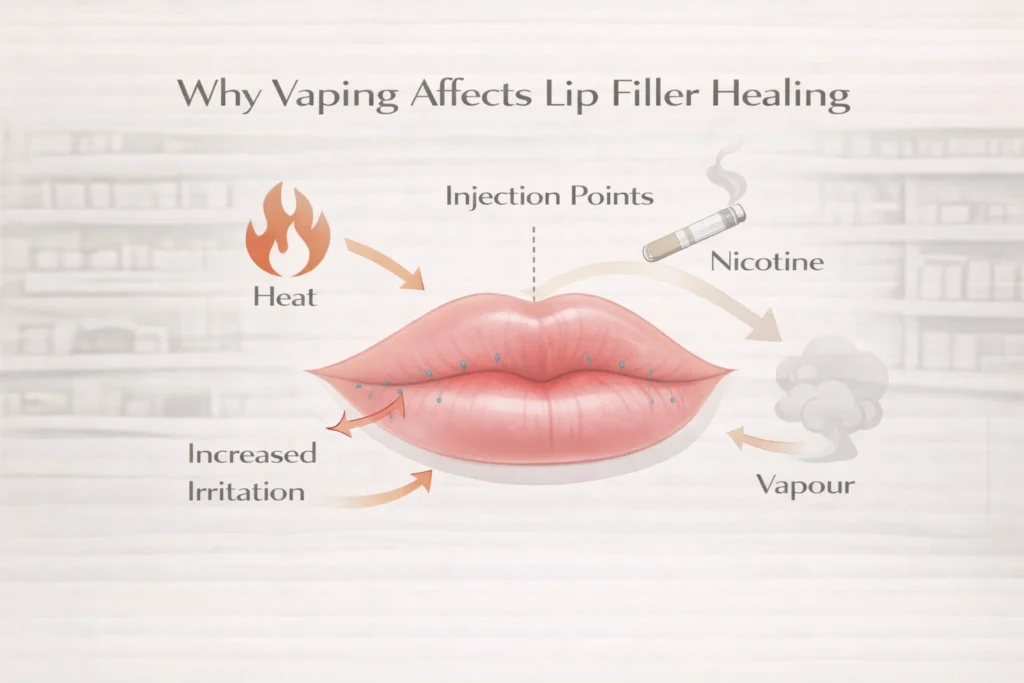 Medical diagram showing how vaping affects lip filler healing and swelling
