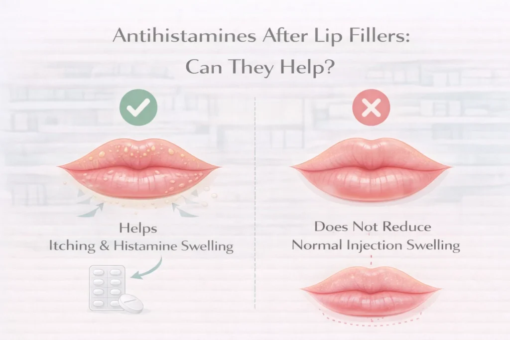 Antihistamines after lip fillers yes vs no swelling comparison infographic