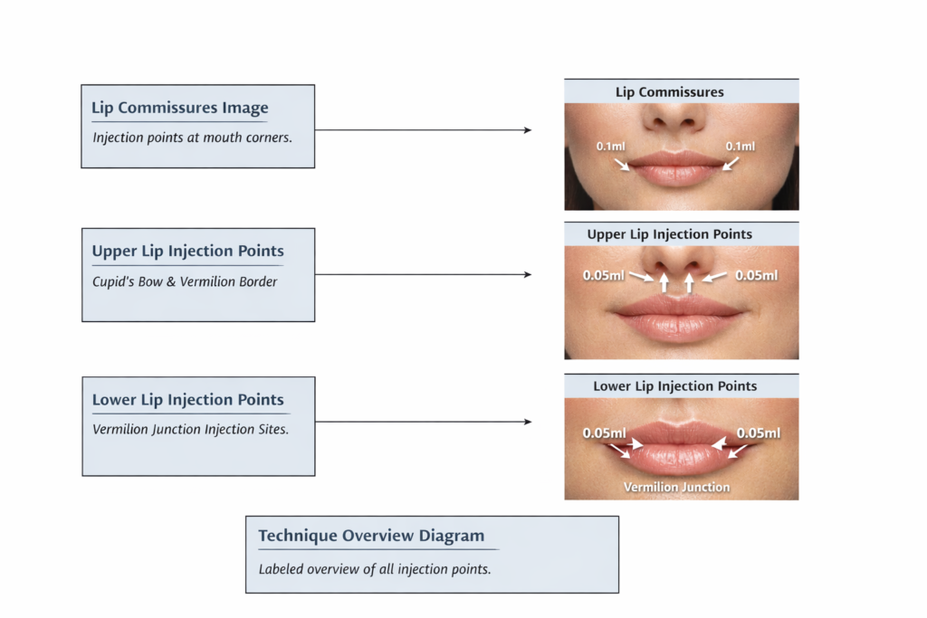 Lip filler injection points diagram showing upper lip, lower lip and lip commissures