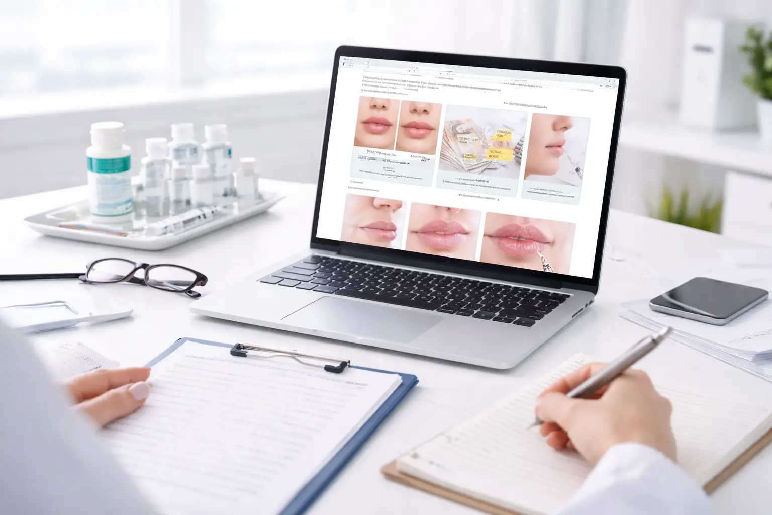 UK lip filler research and consultation guide being reviewed on laptop with medical notes and treatment information on desk