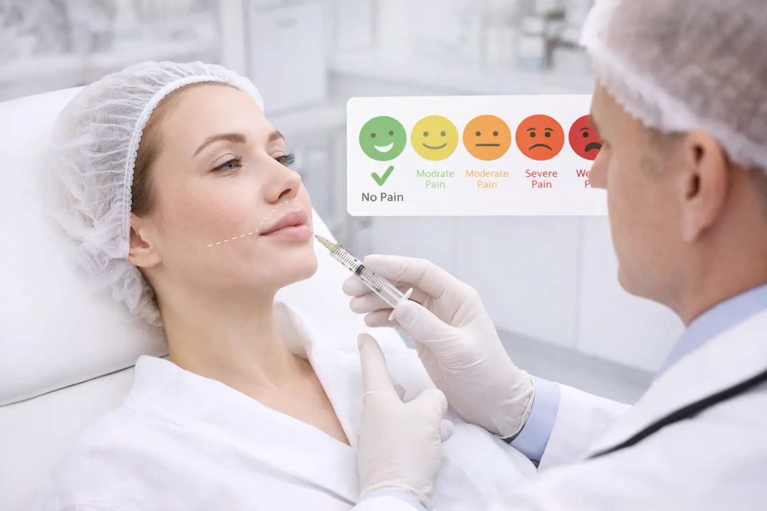 Lip filler procedure consultation in a UK medical clinic showing practitioner explaining treatment technique and comfort levels before injection