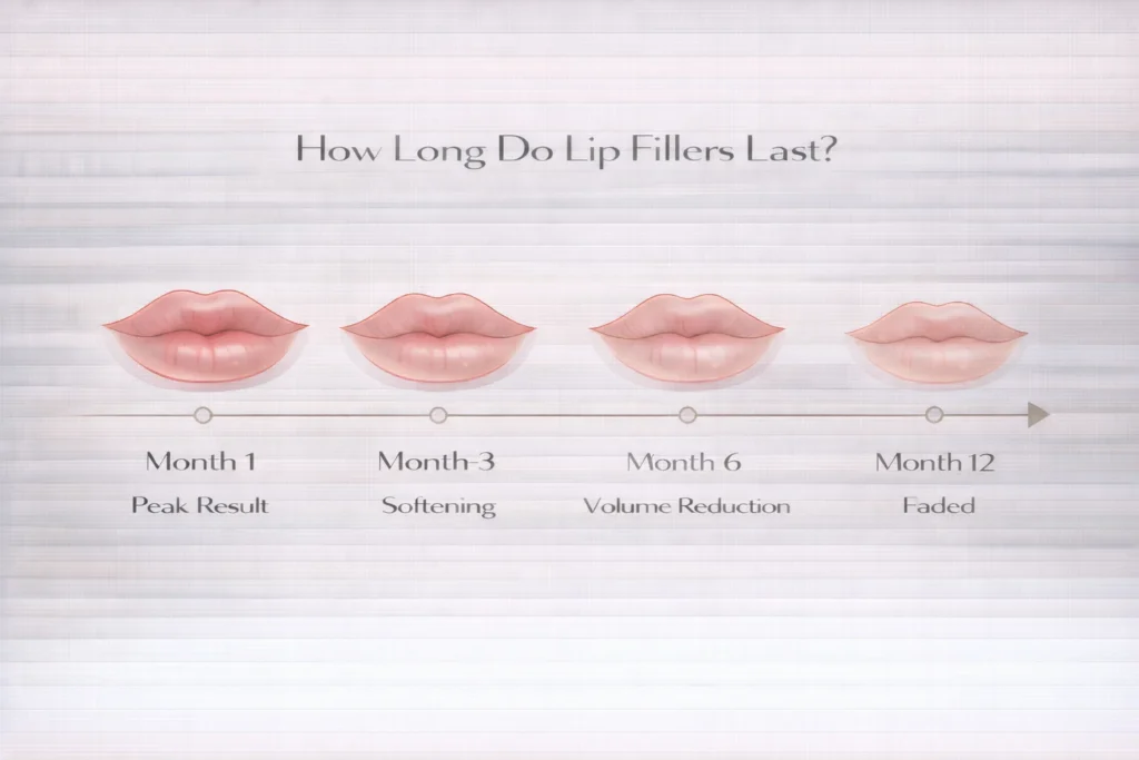 Lip filler longevity timeline showing results fading from month 1 to 12